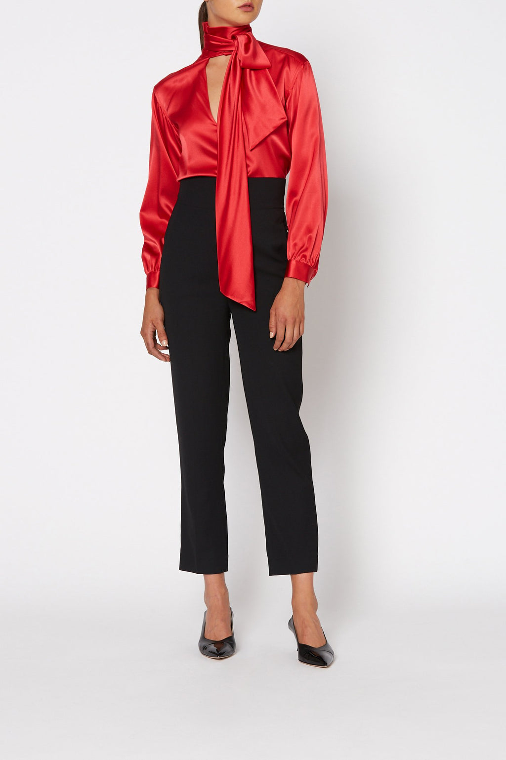 SILK SATIN TIE NECK BLOUSE