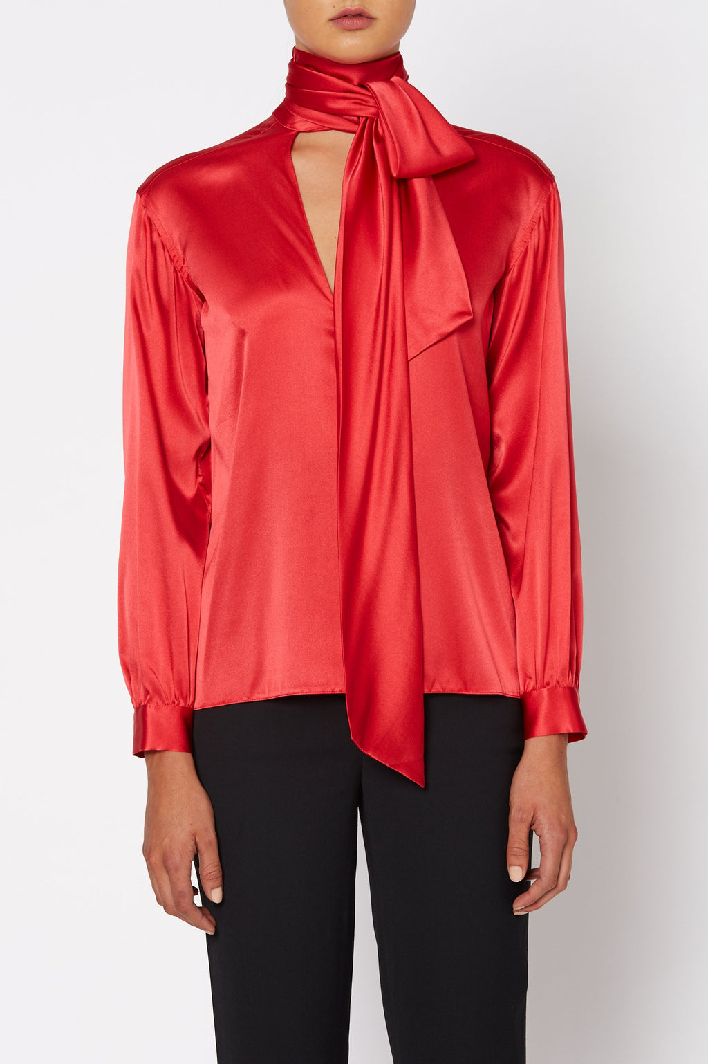 SILK SATIN TIE NECK BLOUSE