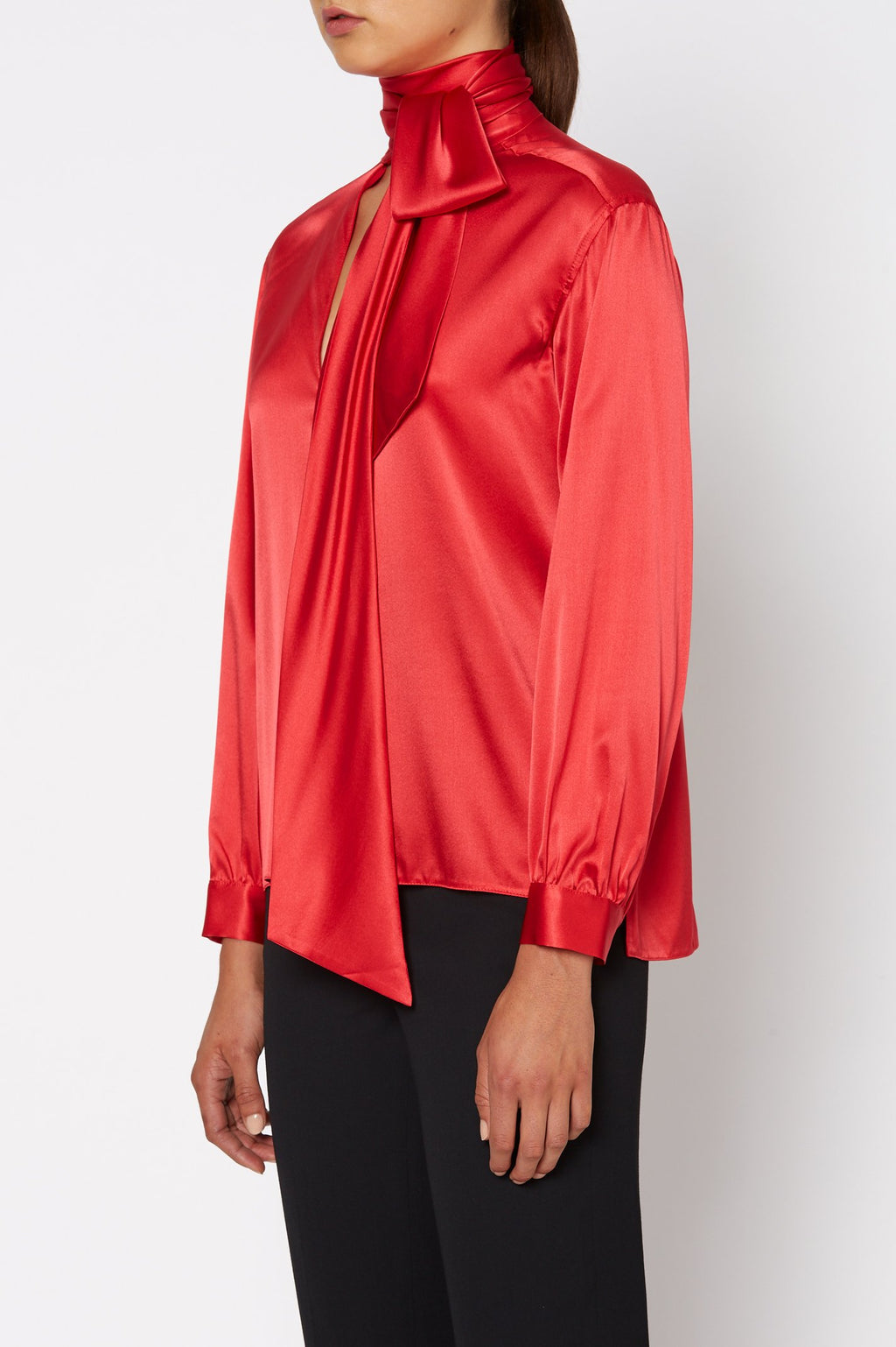 SILK SATIN TIE NECK BLOUSE