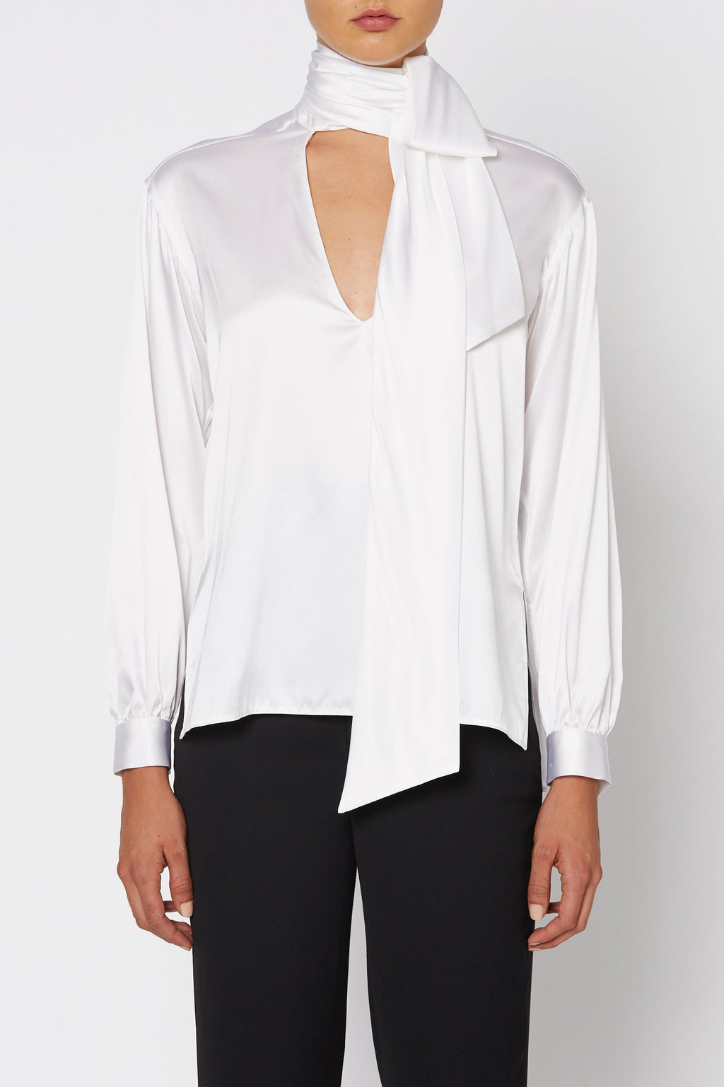 SILK SATIN TIE NECK BLOUSE