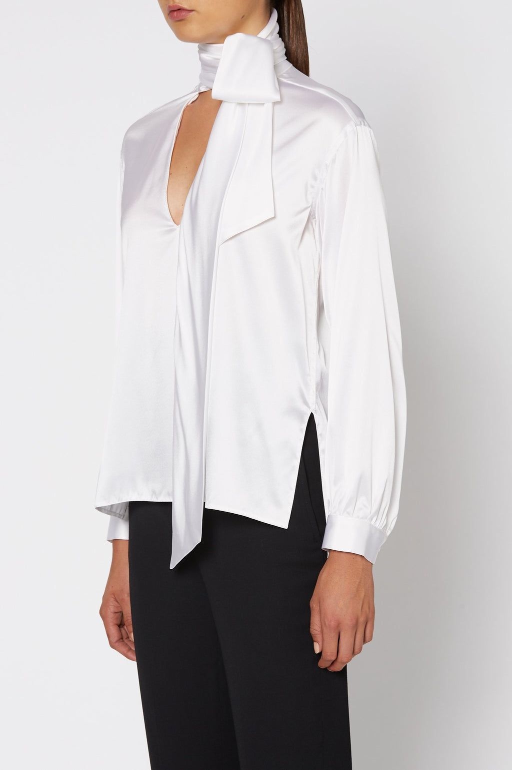SILK SATIN TIE NECK BLOUSE