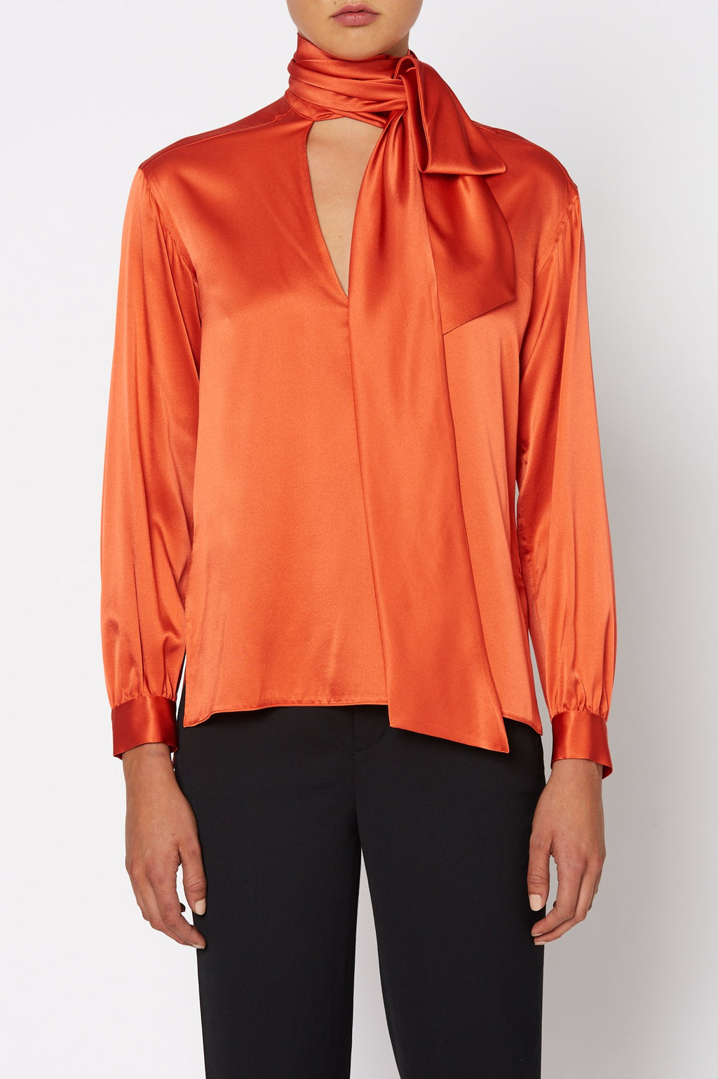 SILK SATIN TIE NECK BLOUSE