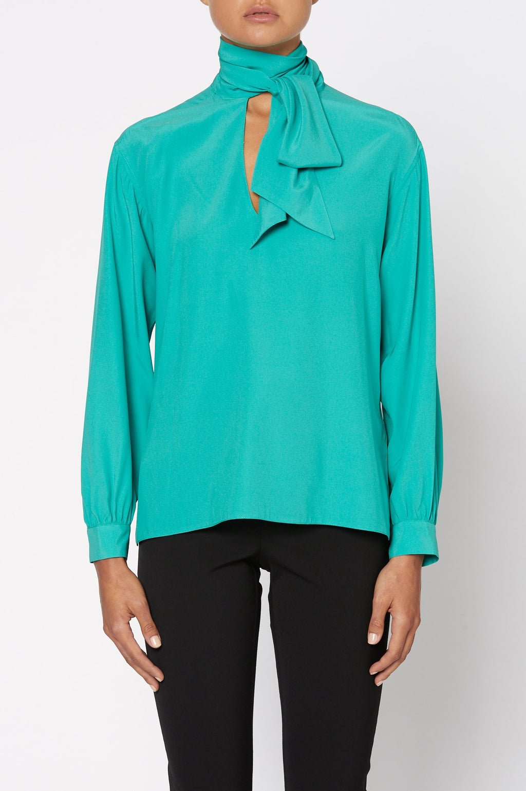 SILK SATIN TIE NECK BLOUSE