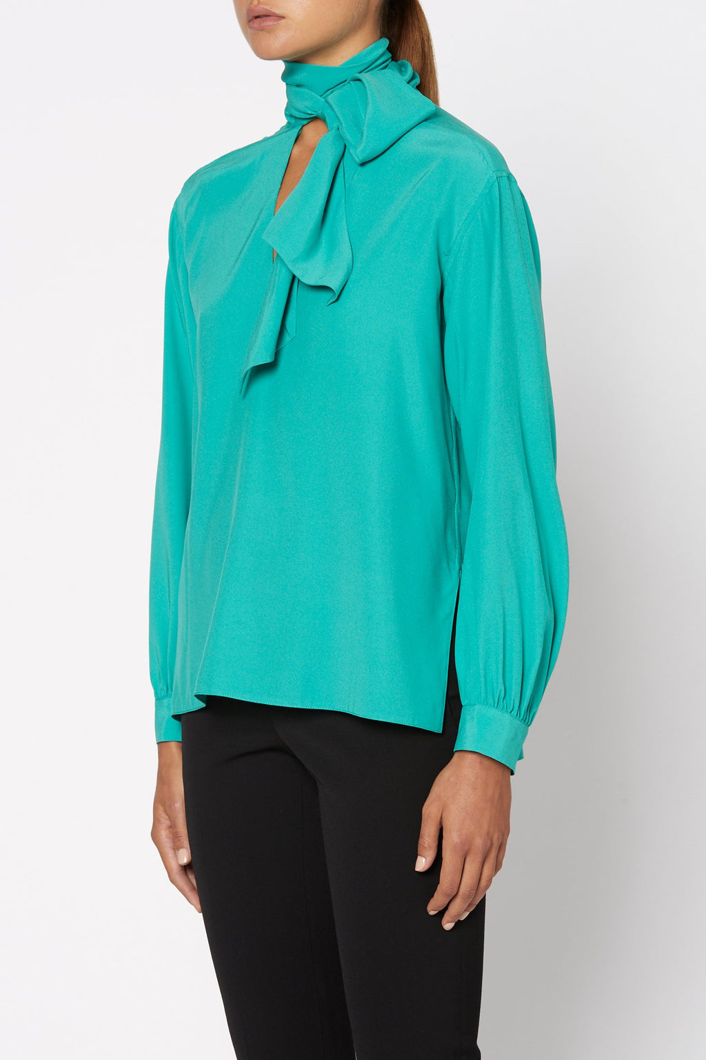 SILK SATIN TIE NECK BLOUSE