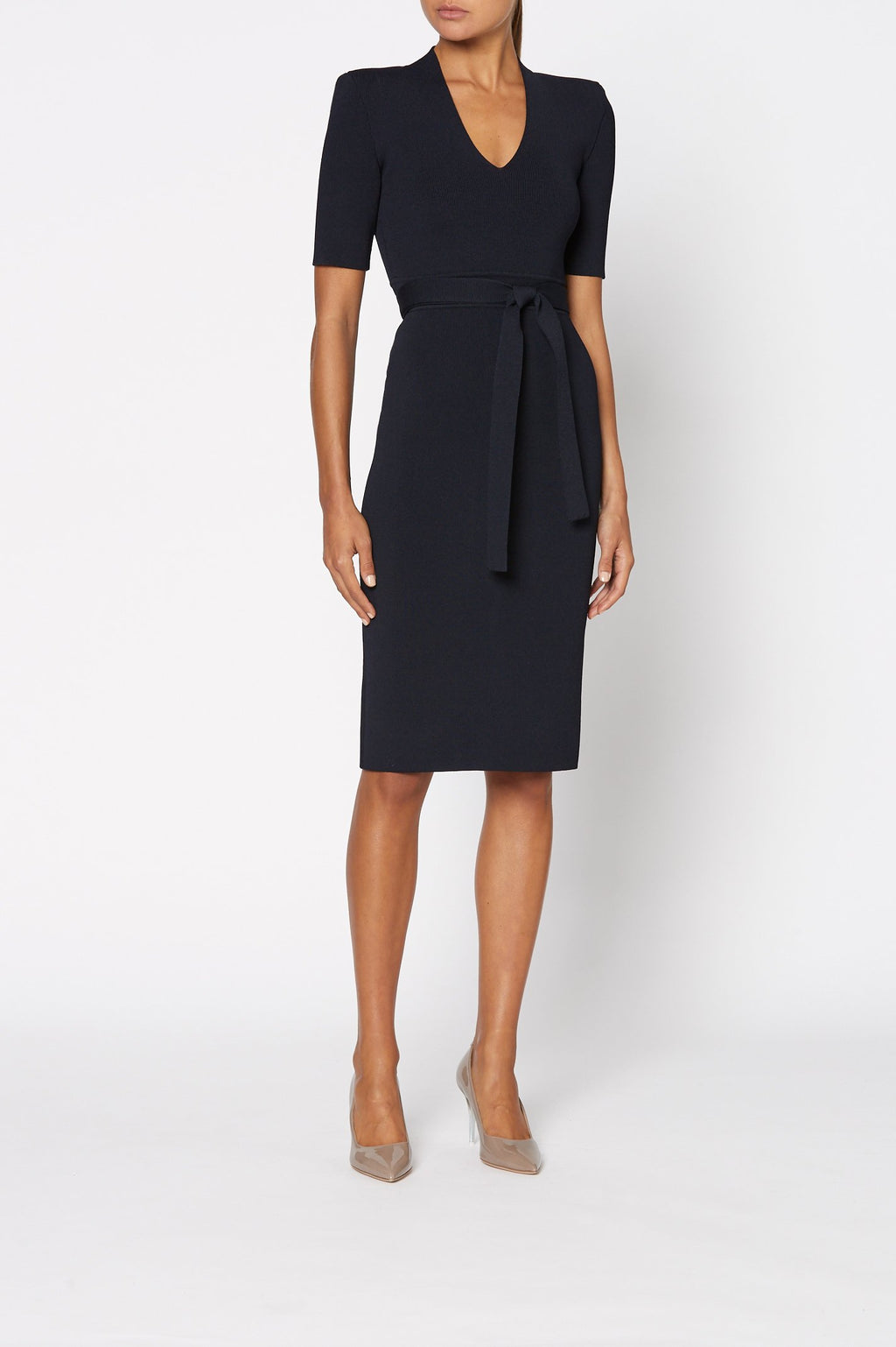CREPE KNIT V NECK DRESS