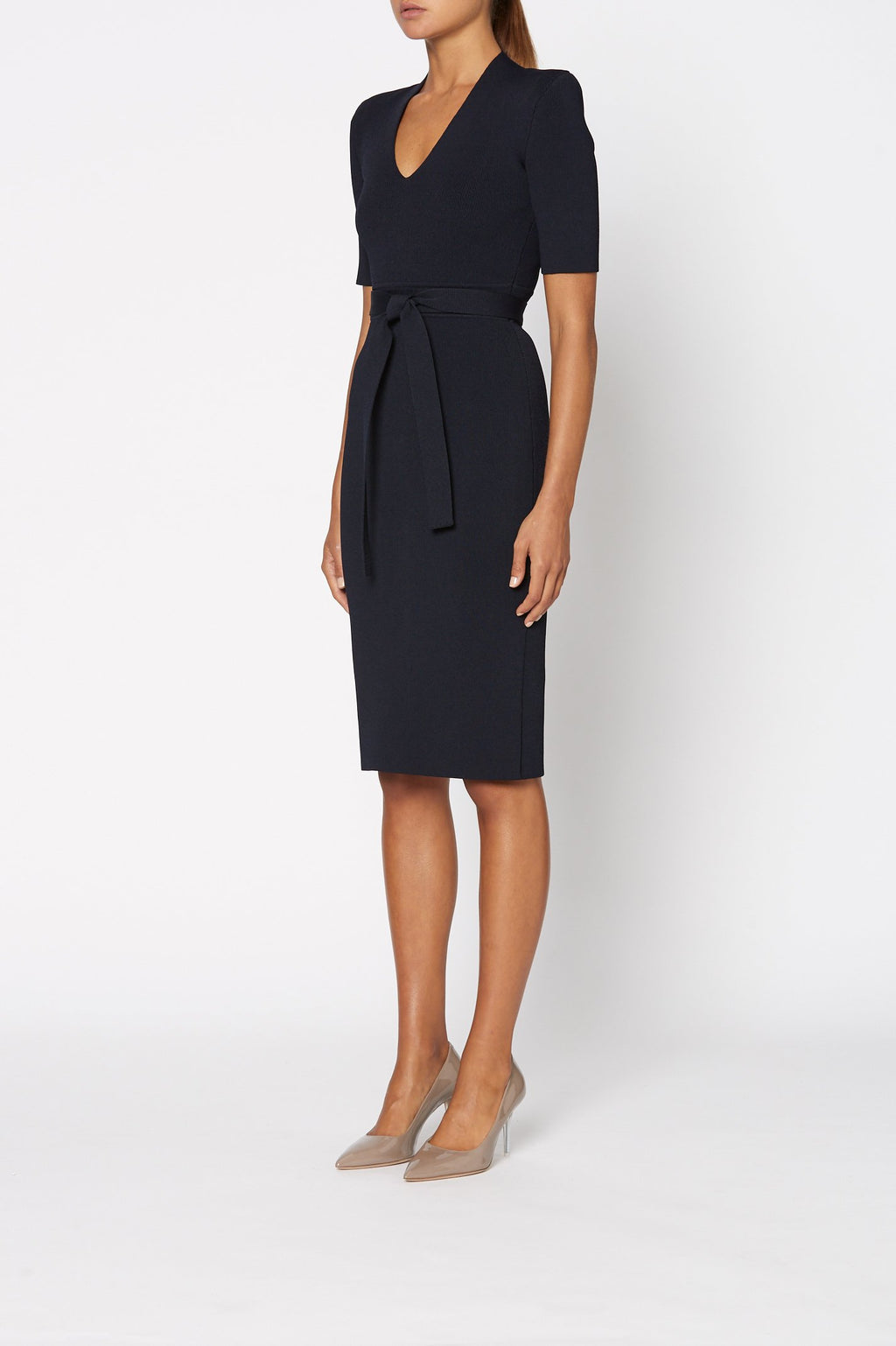 CREPE KNIT V NECK DRESS