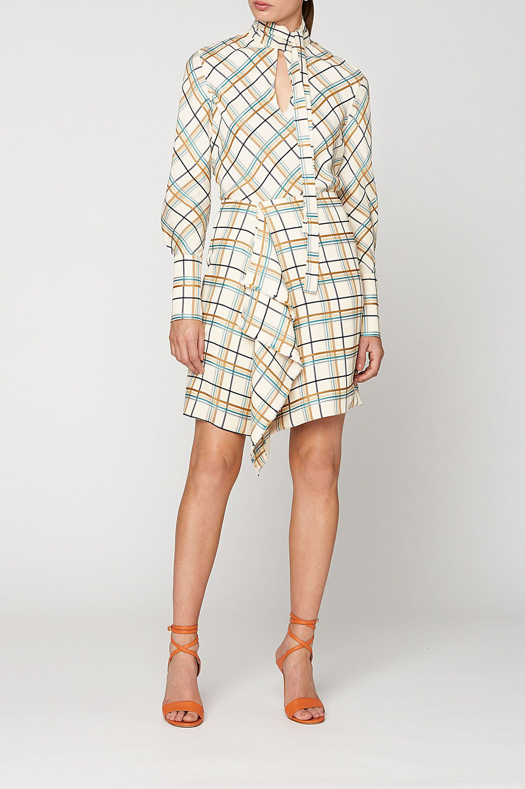 MULTI PLAID TIE NECK TOP