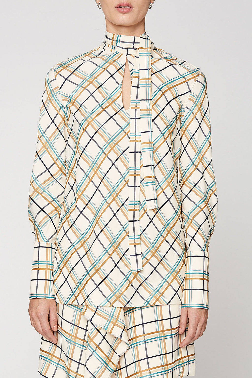 MULTI PLAID TIE NECK TOP