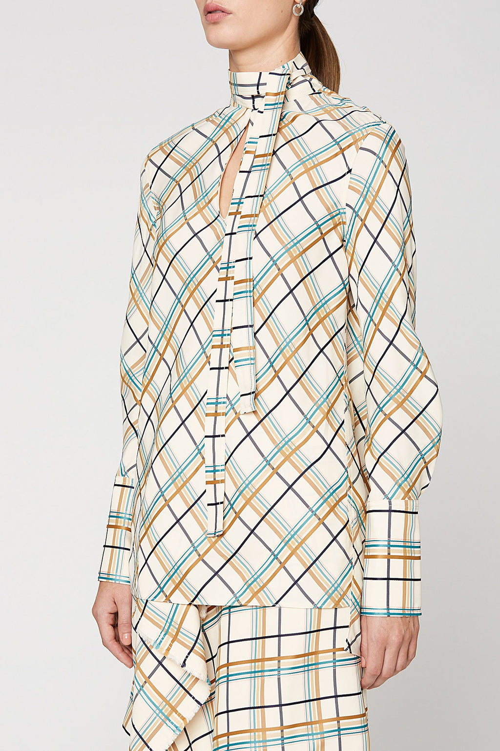 MULTI PLAID TIE NECK TOP