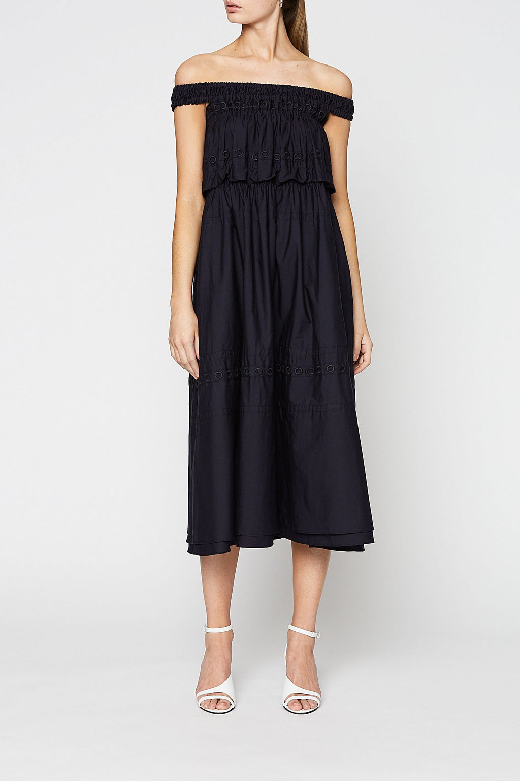 GATHERED EYELET DRESS