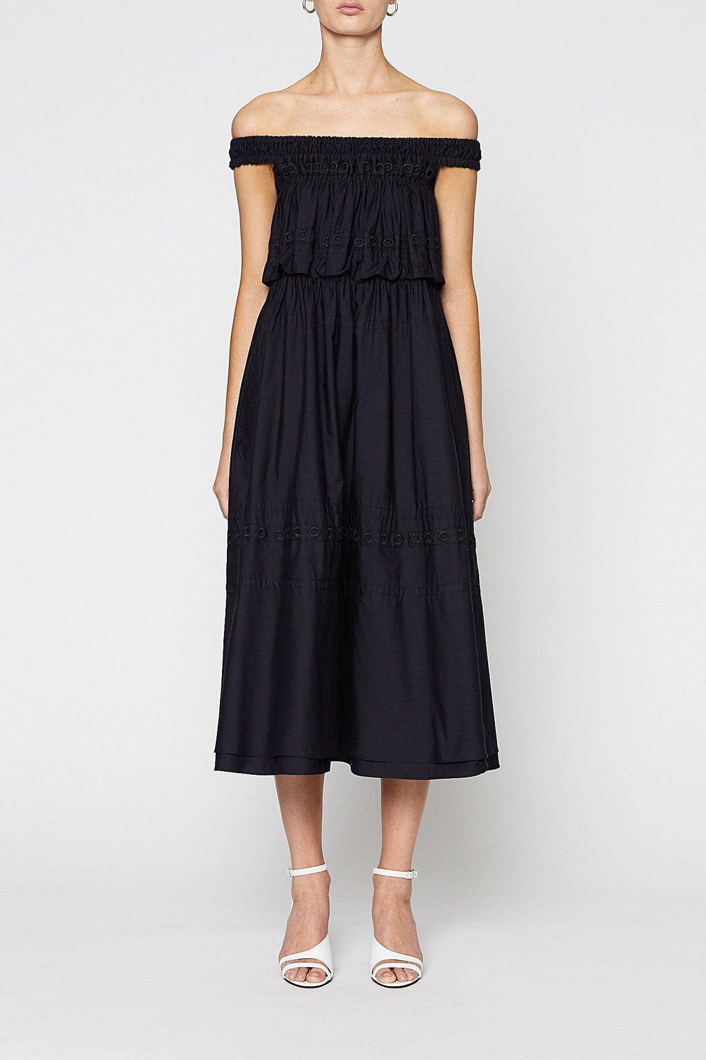 GATHERED EYELET DRESS