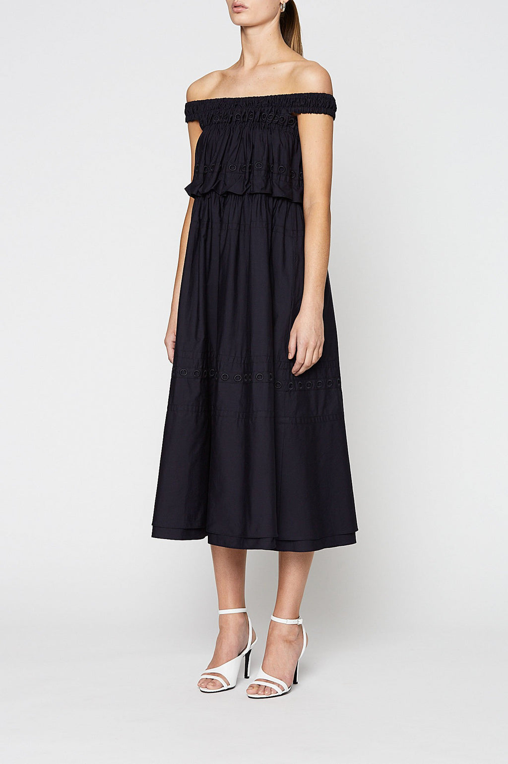 GATHERED EYELET DRESS