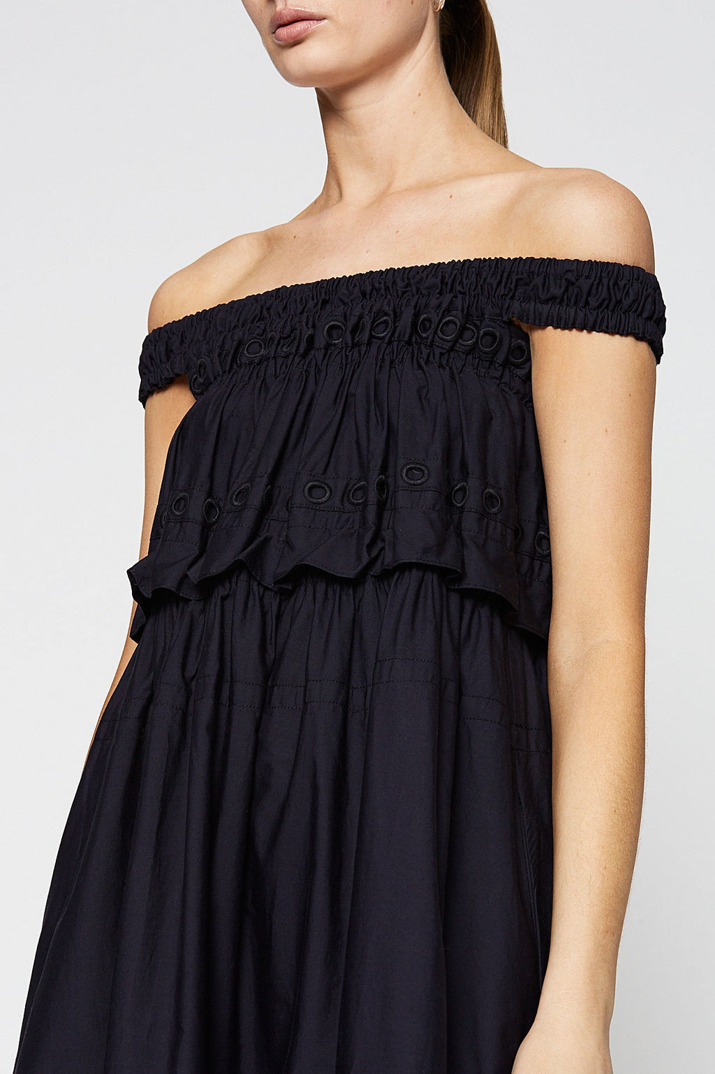 GATHERED EYELET DRESS
