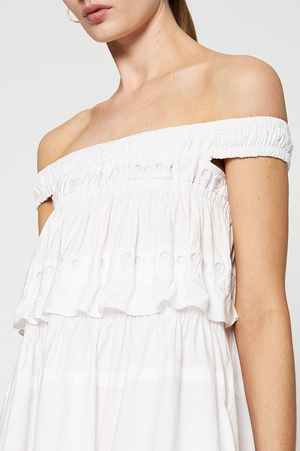 GATHERED EYELET DRESS