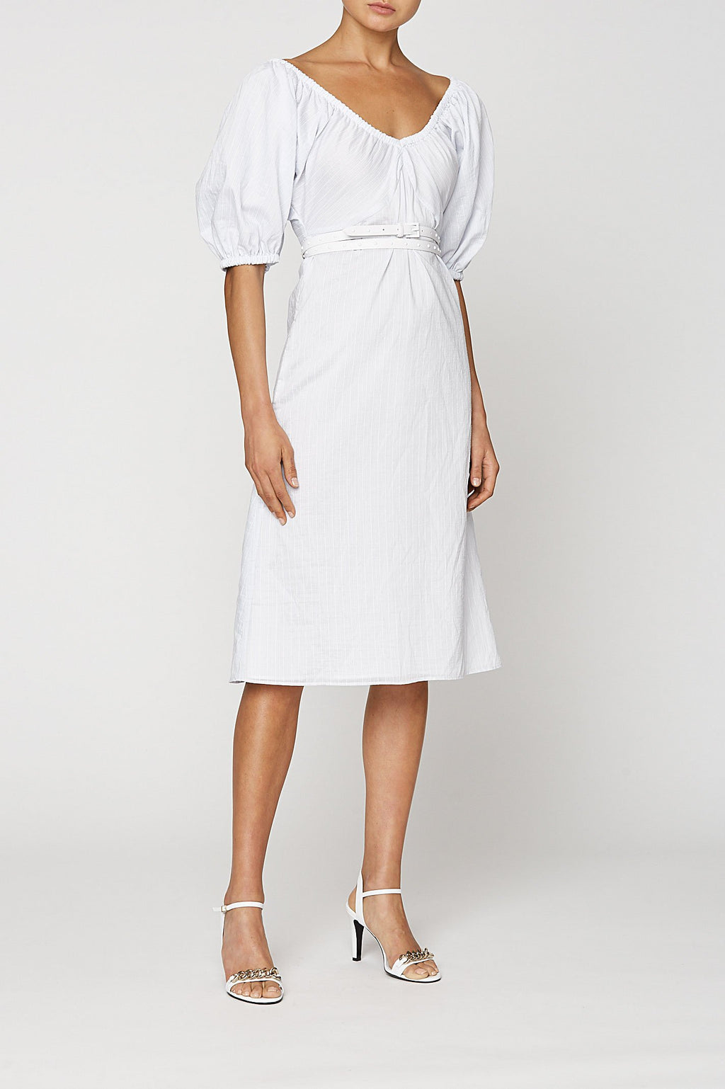 STRIPE GATHERED V NECK DRESS