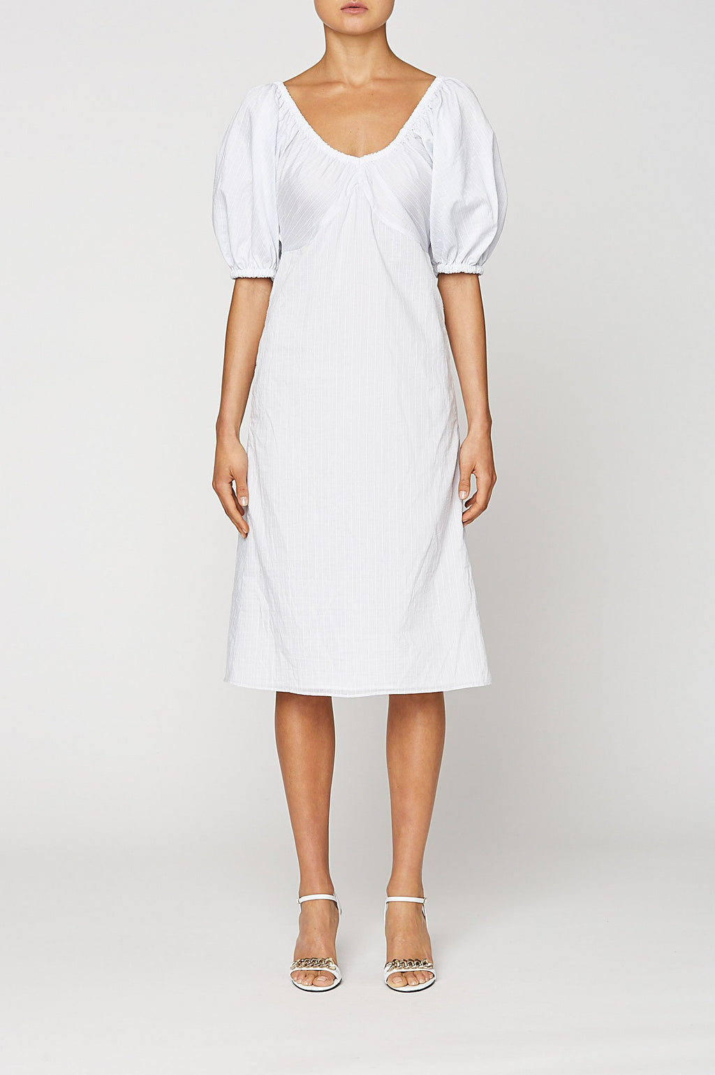 STRIPE GATHERED V NECK DRESS