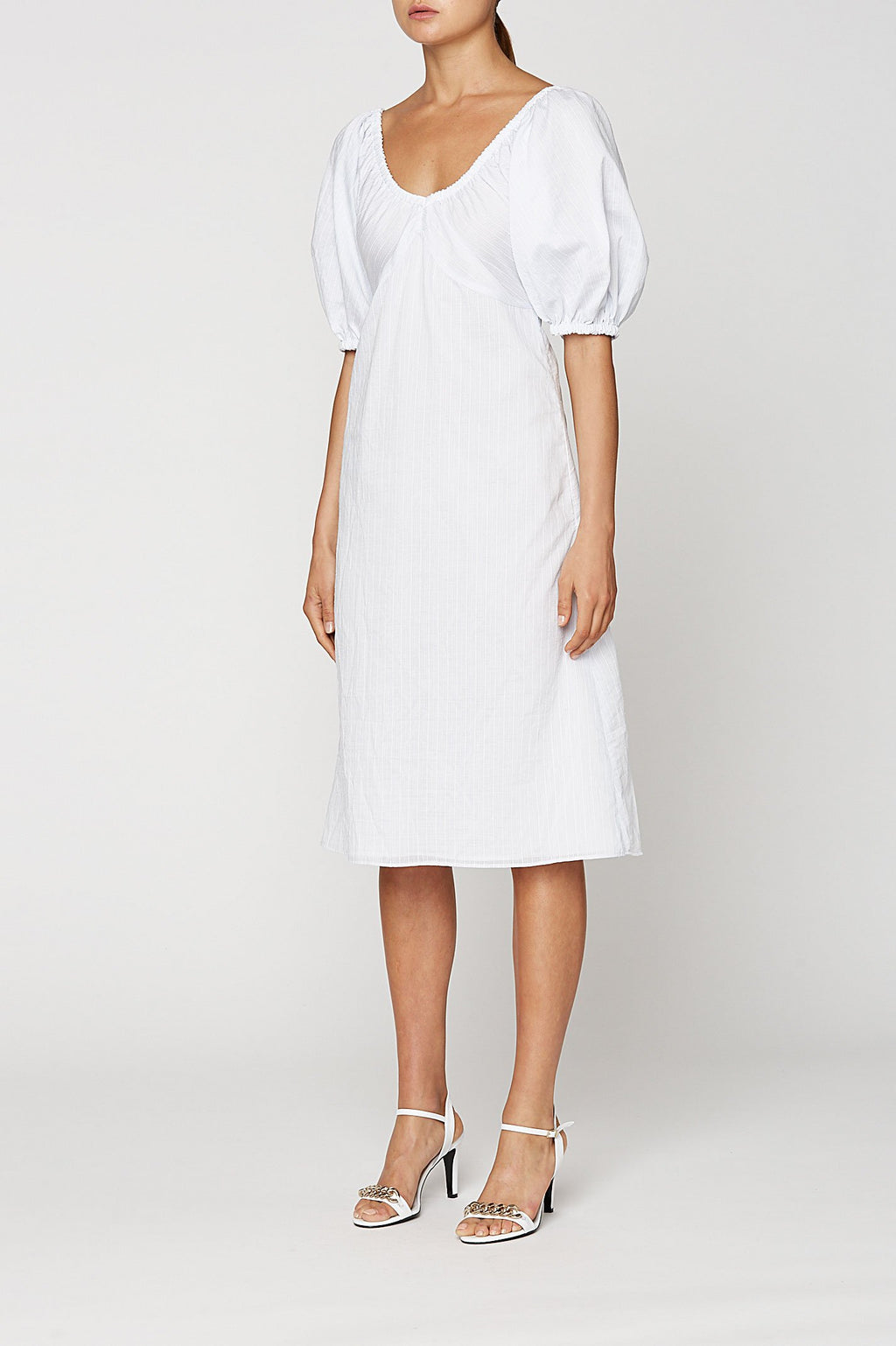STRIPE GATHERED V NECK DRESS