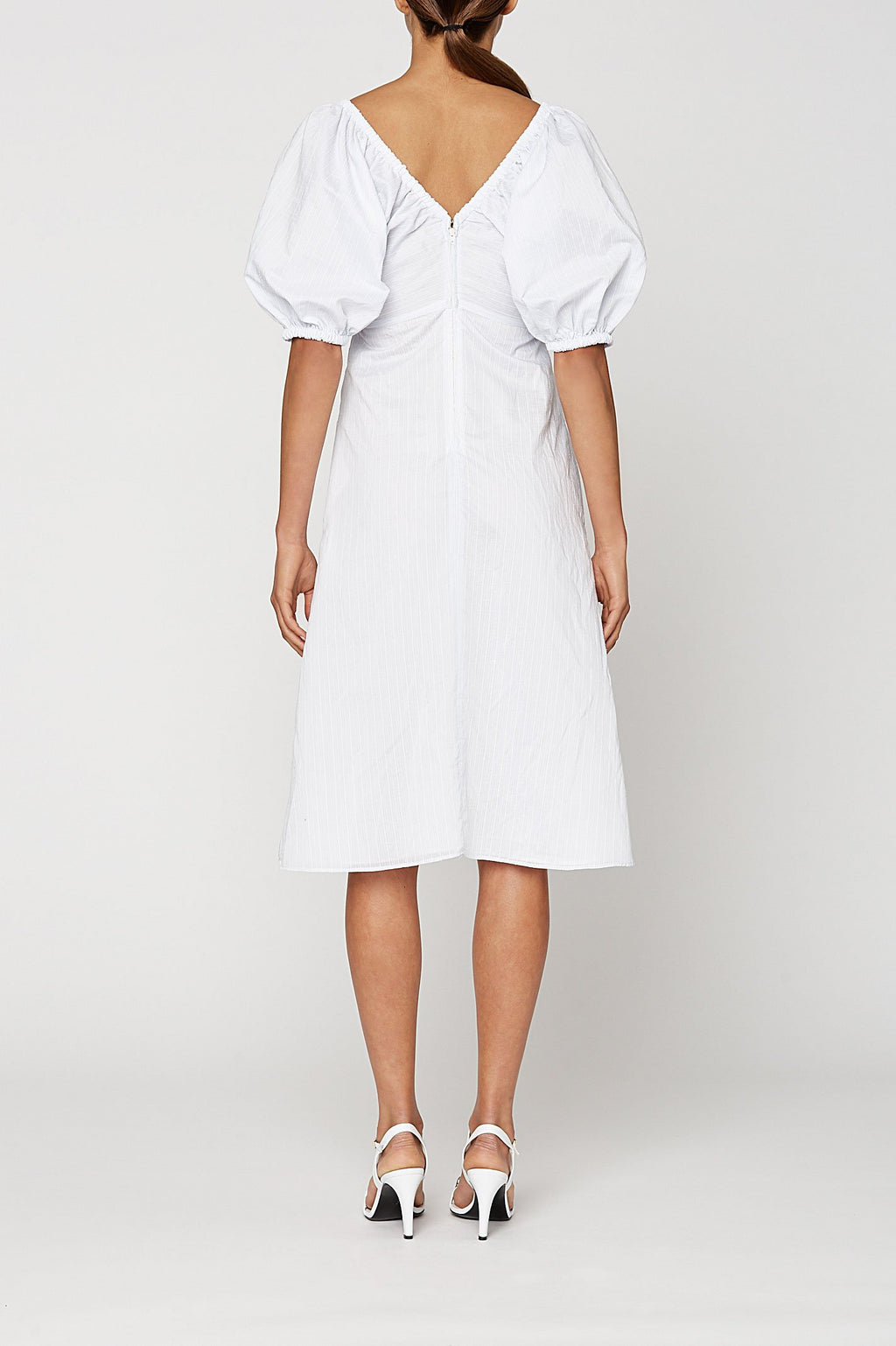 STRIPE GATHERED V NECK DRESS