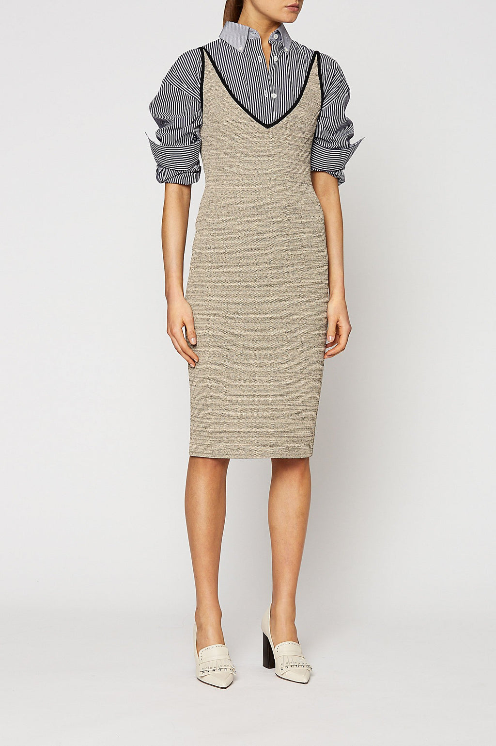 CREPE KNIT TWEED STRAPPY DRESS