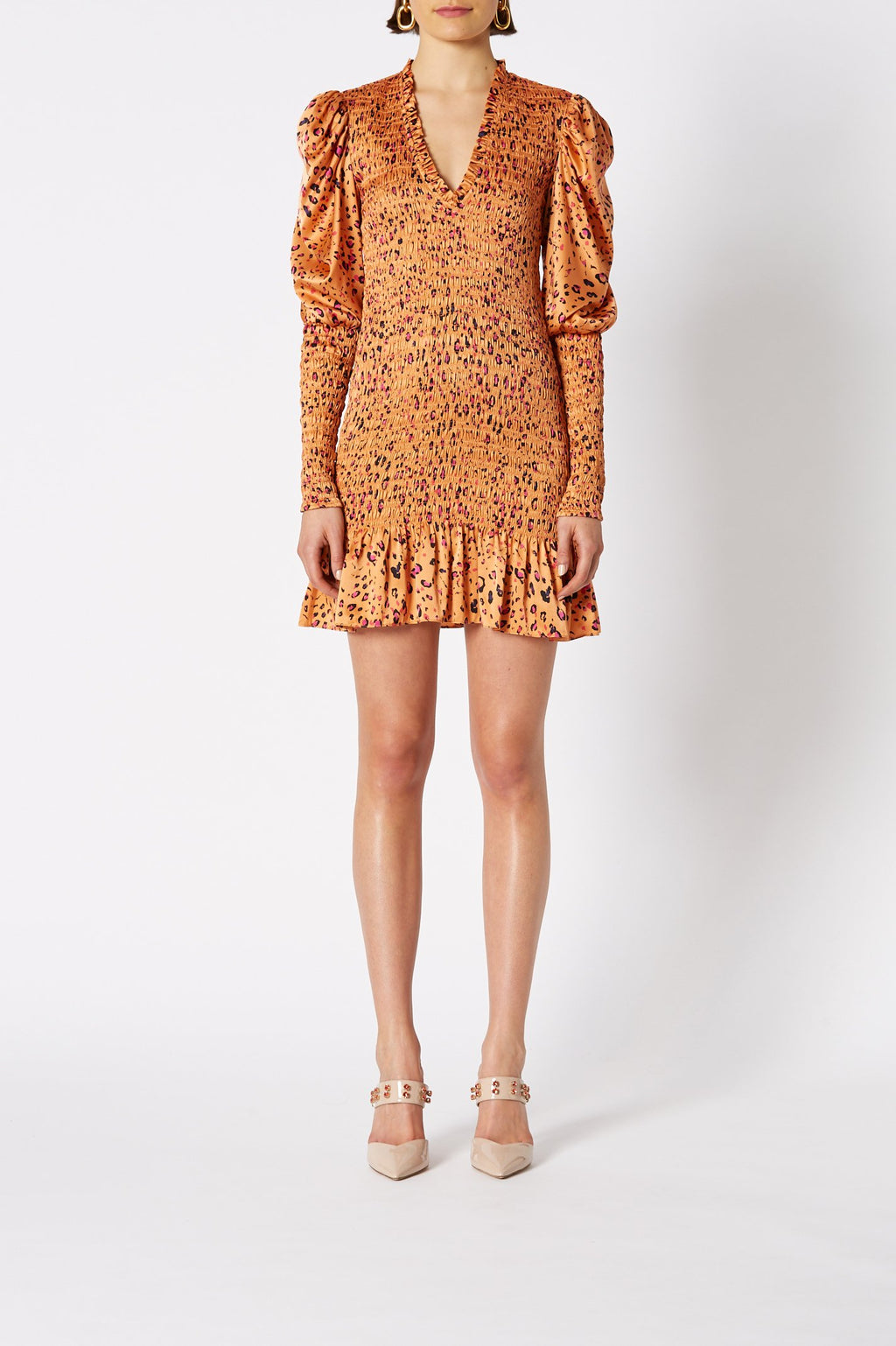 SILK LEOPARD SHIRRED DRESS