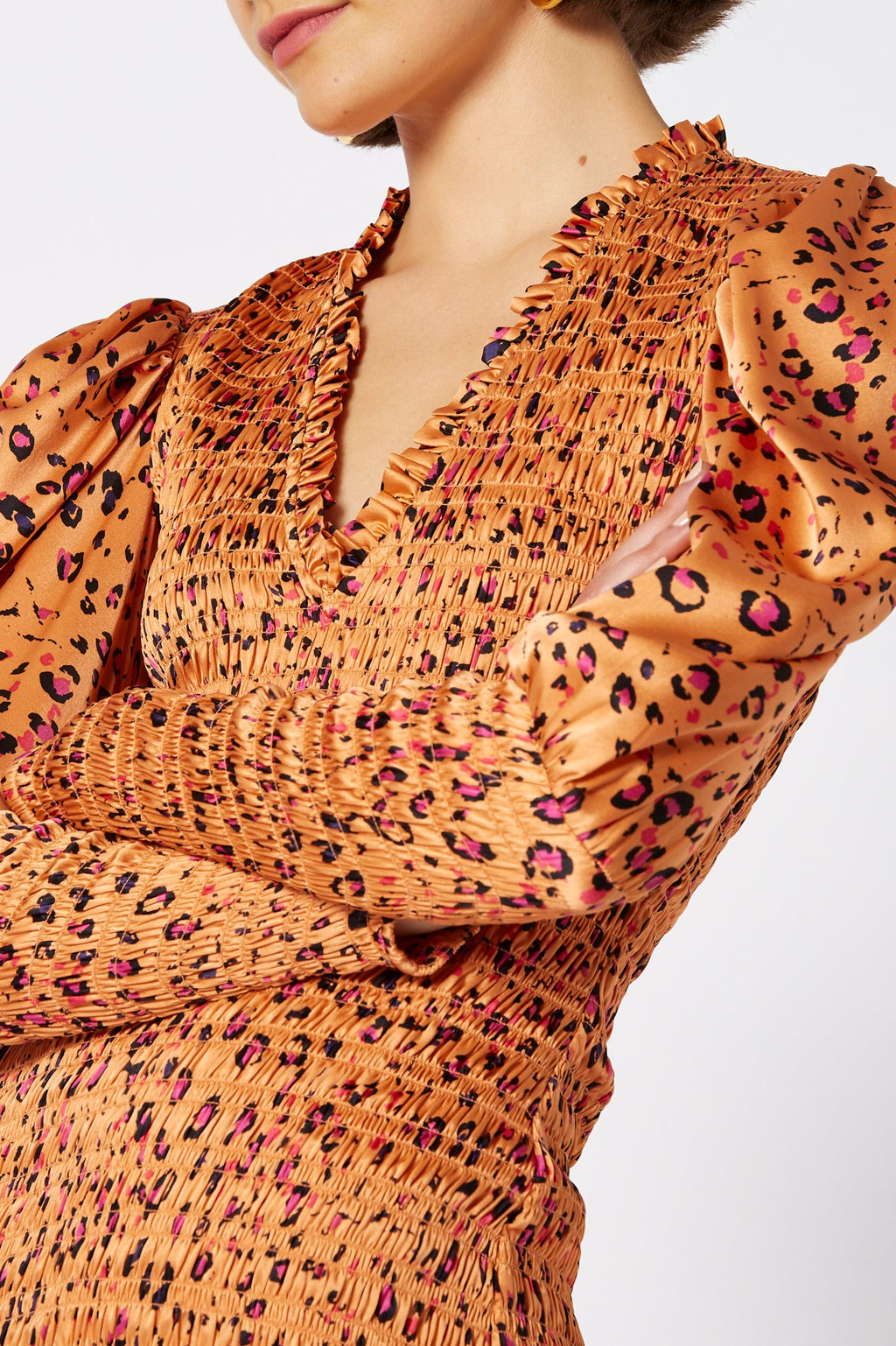 SILK LEOPARD SHIRRED DRESS