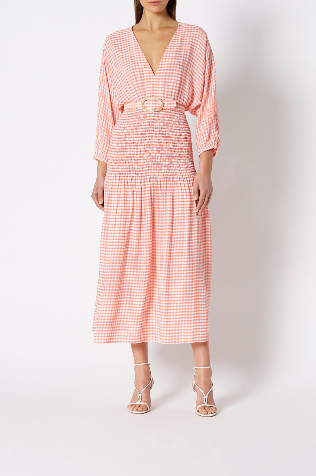 GINGHAM SHIRRED DRESS
