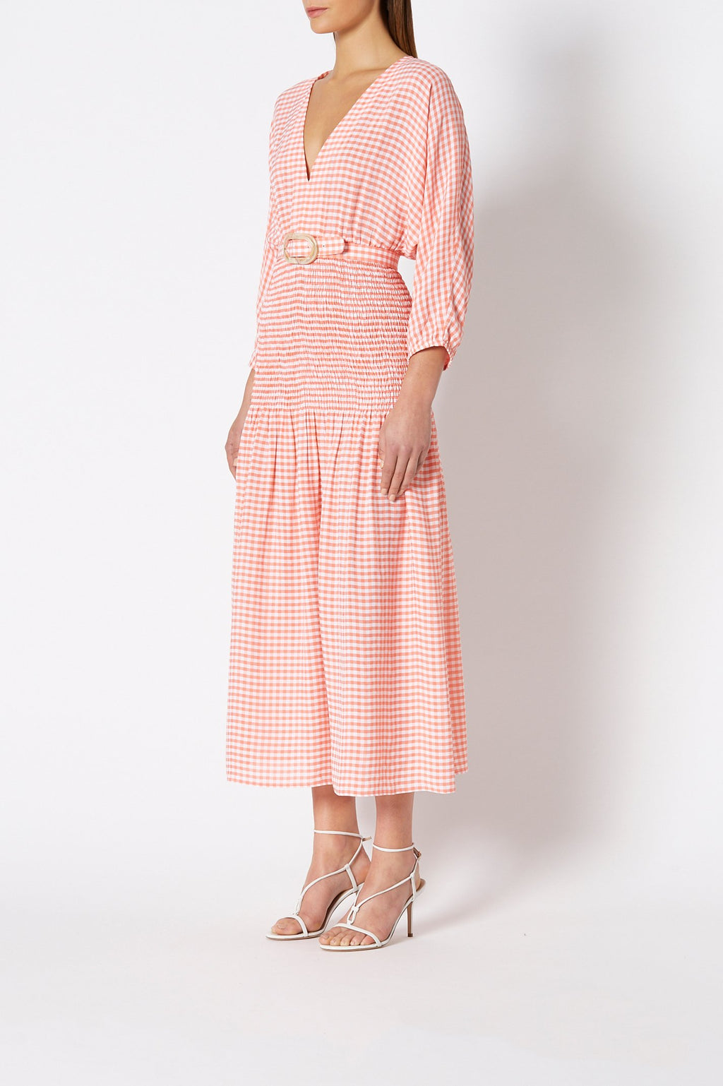 GINGHAM SHIRRED DRESS