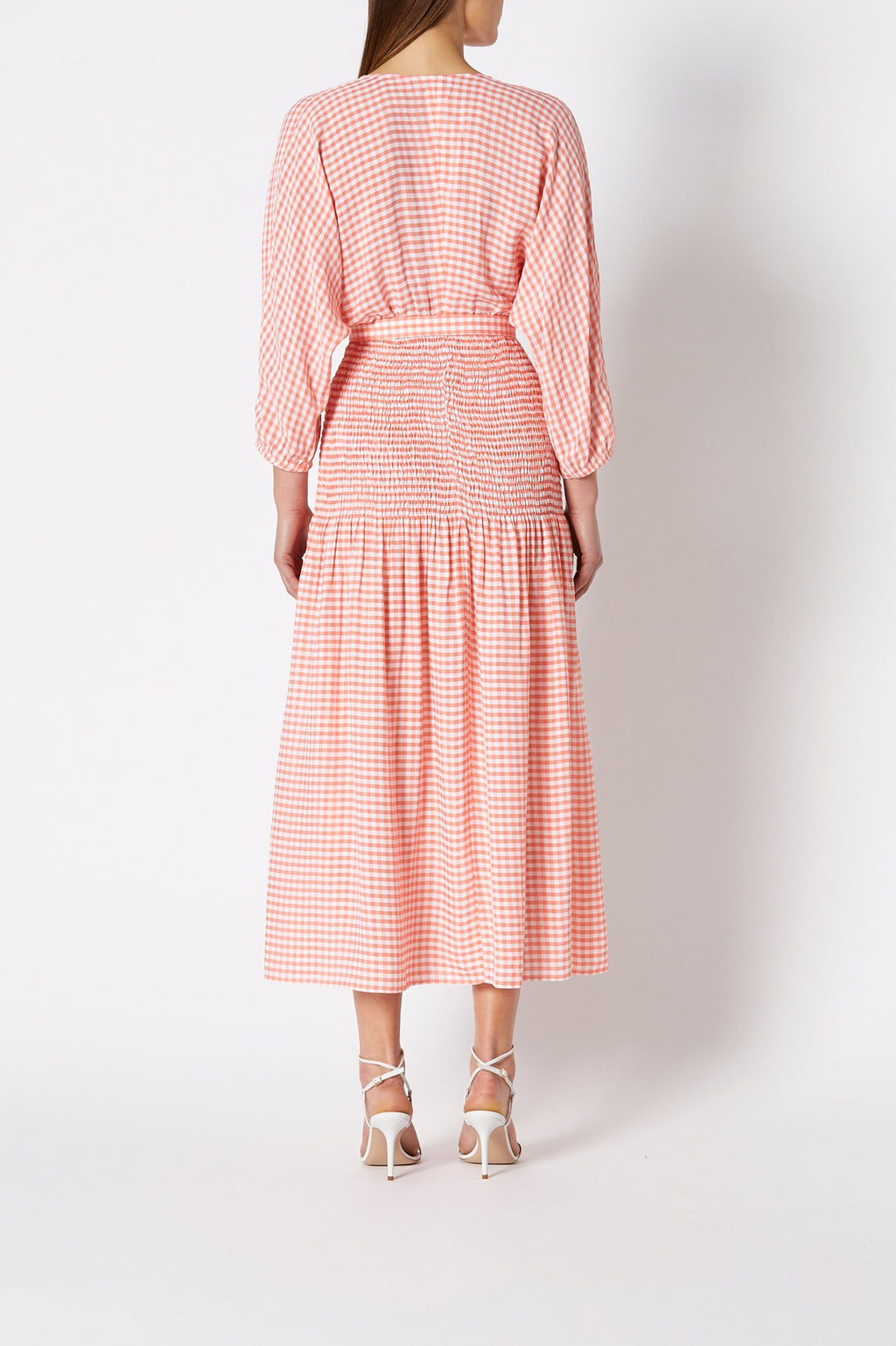 GINGHAM SHIRRED DRESS
