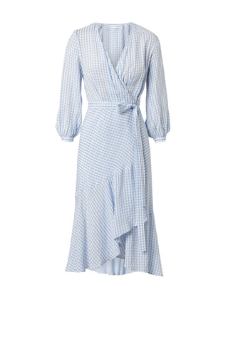 GINGHAM WRAP RUFFLE DRESS