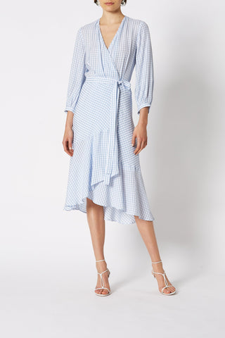 GINGHAM WRAP RUFFLE DRESS