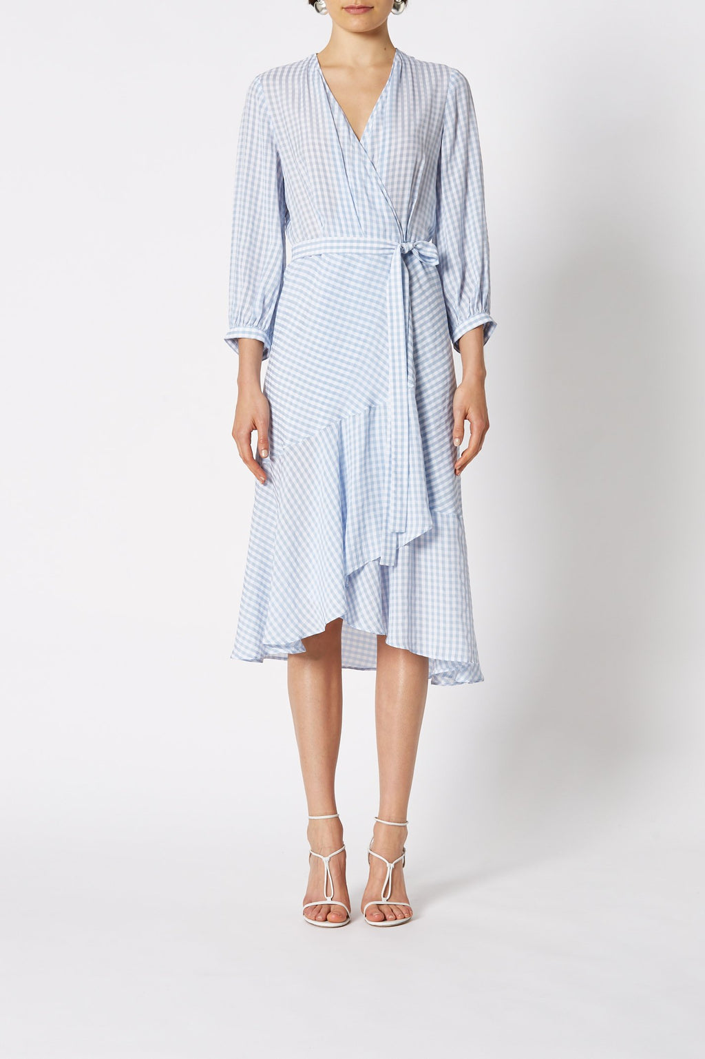 GINGHAM WRAP RUFFLE DRESS