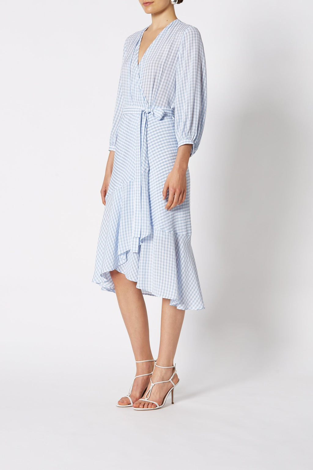 GINGHAM WRAP RUFFLE DRESS