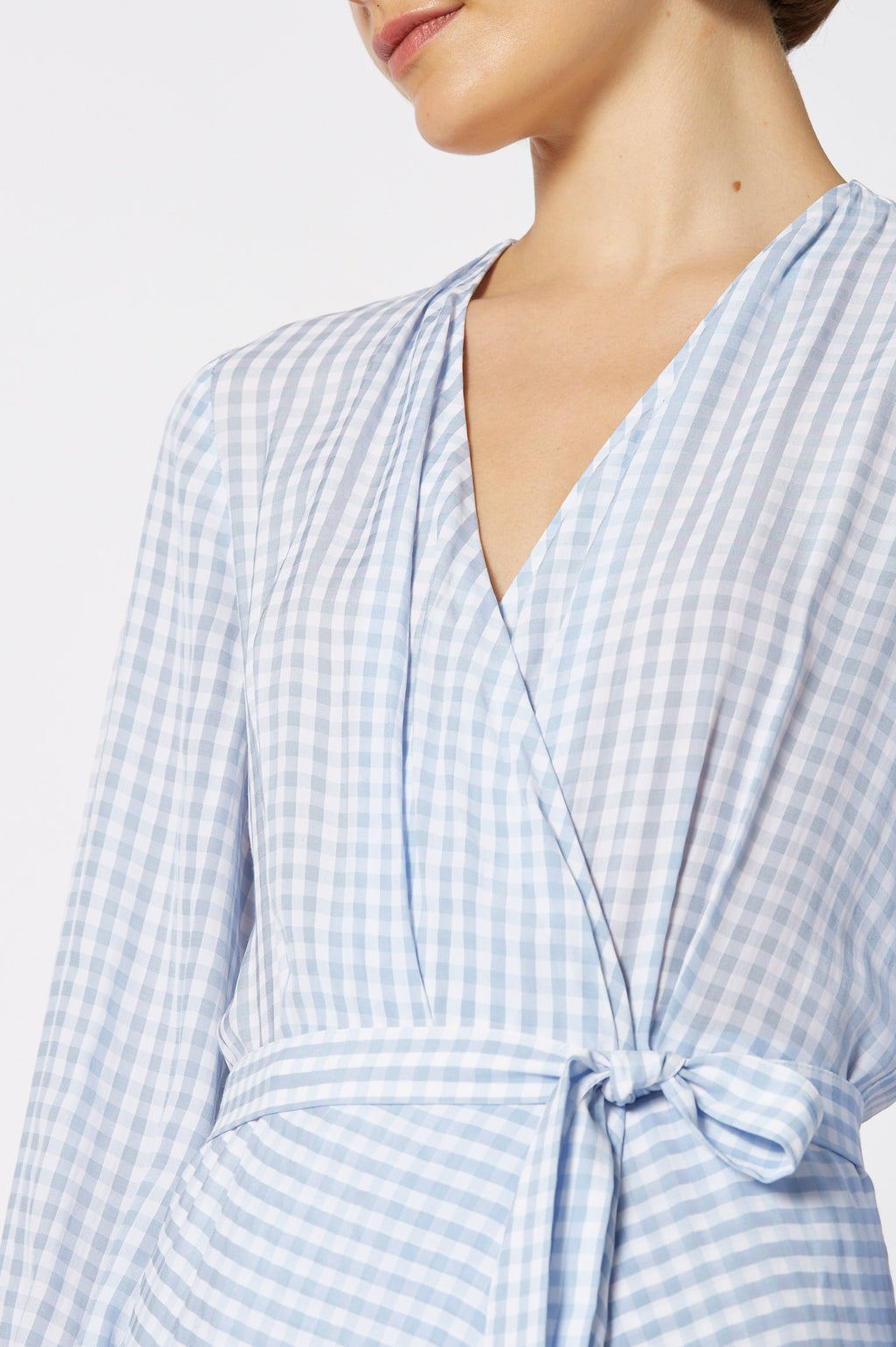 GINGHAM WRAP RUFFLE DRESS