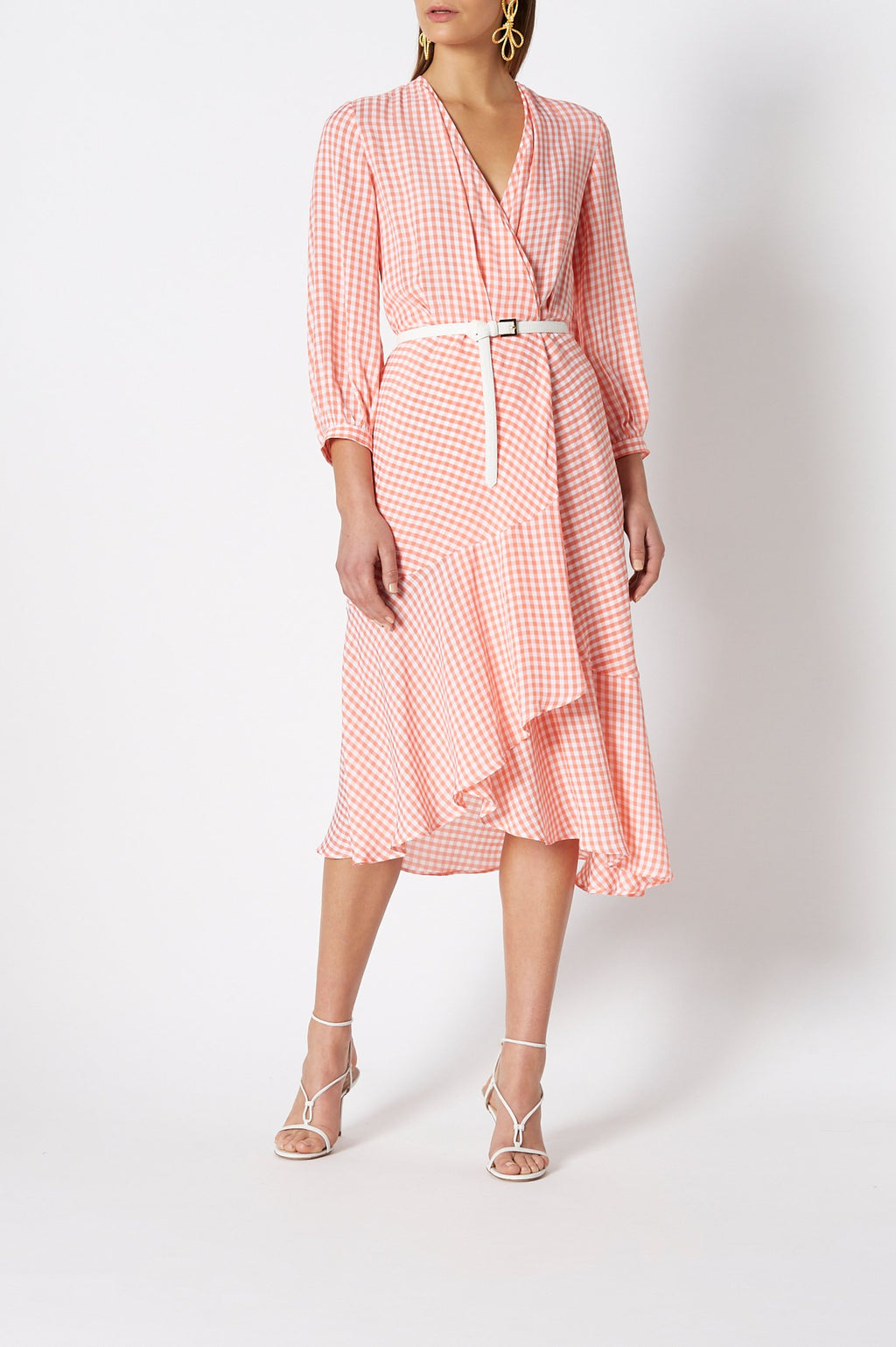 GINGHAM WRAP RUFFLE DRESS