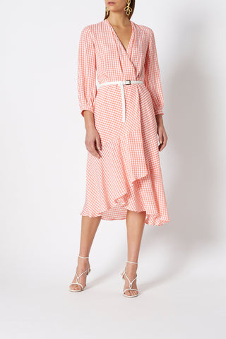 GINGHAM WRAP RUFFLE DRESS