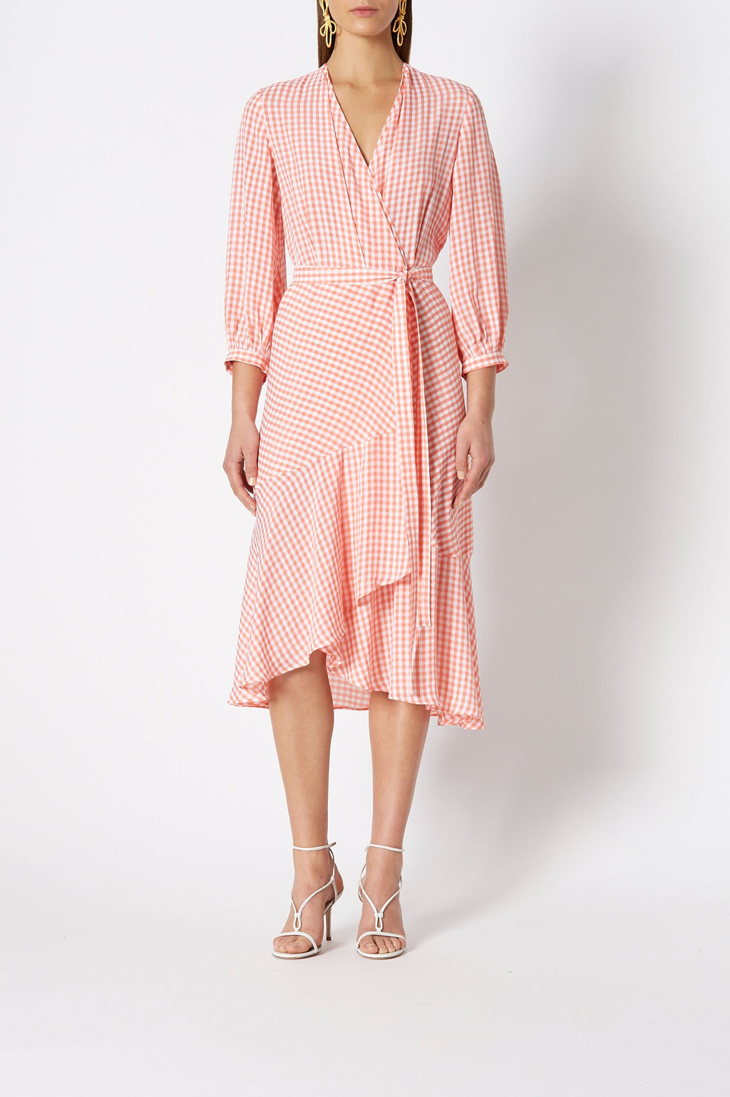 GINGHAM WRAP RUFFLE DRESS