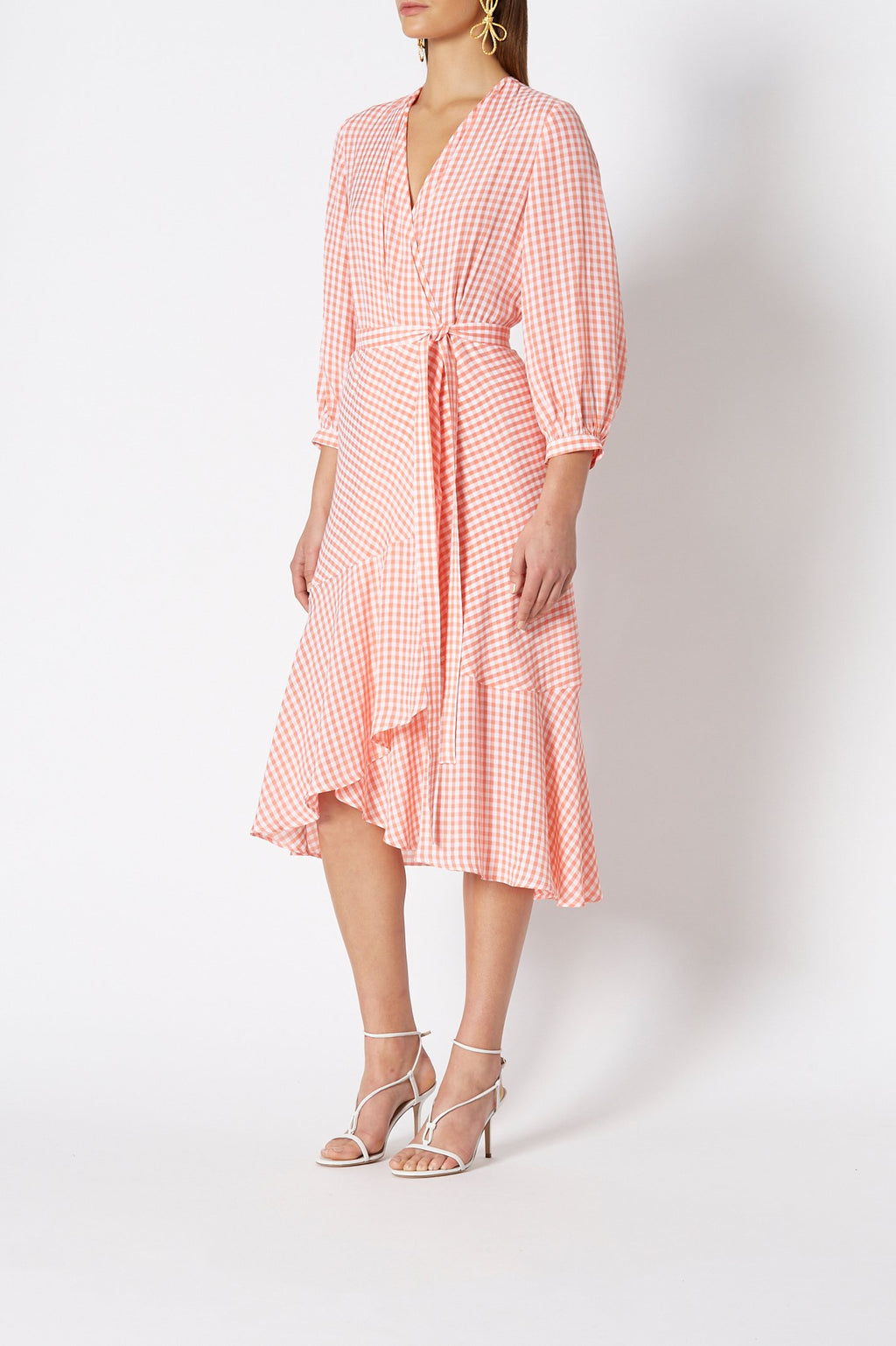 GINGHAM WRAP RUFFLE DRESS