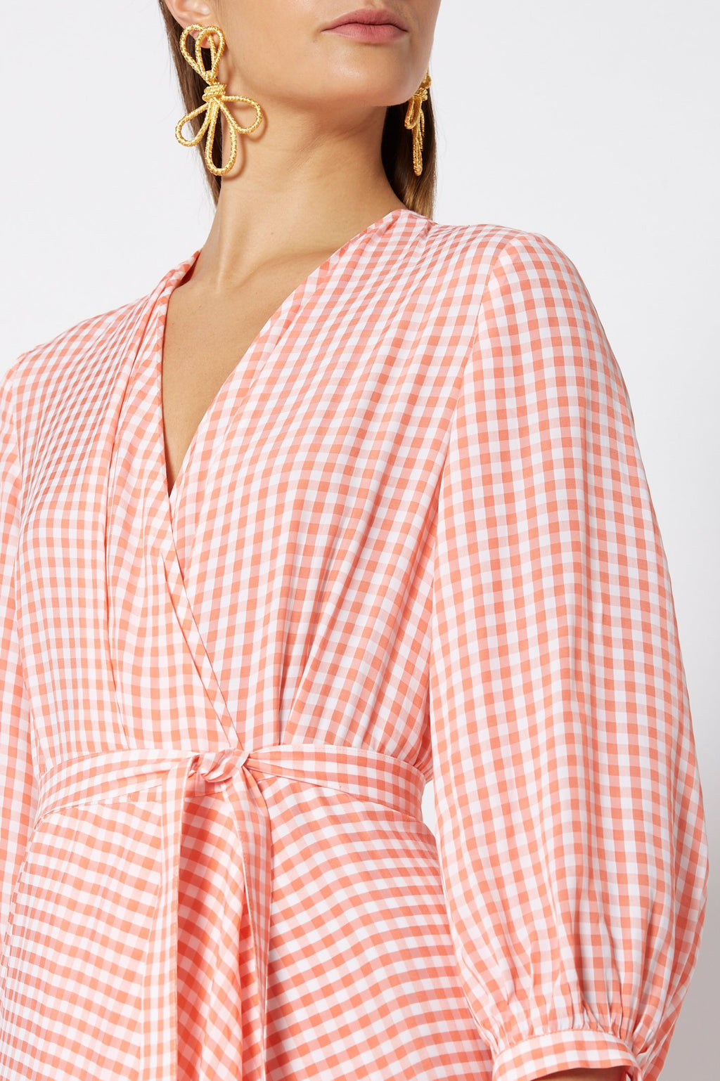 GINGHAM WRAP RUFFLE DRESS