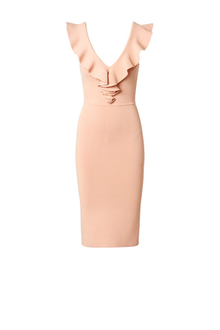 CREPE KNIT V NECK RUFFLE DRESS