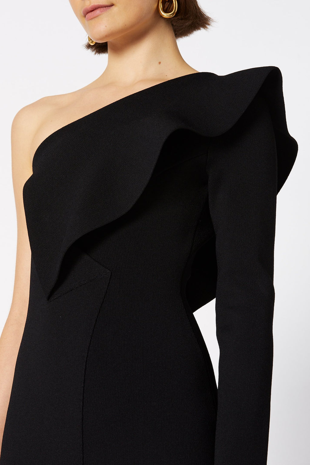 CREPE KNIT RUFFLE SLEEVE DRESS