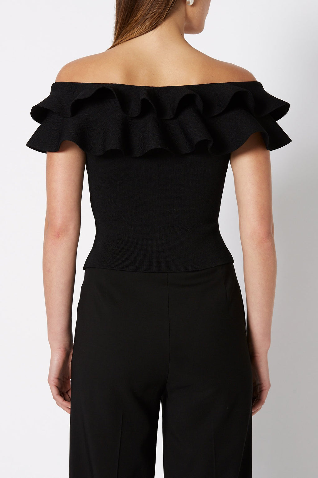 CREPE KNIT C-SHLDR RUFFLE TOP
