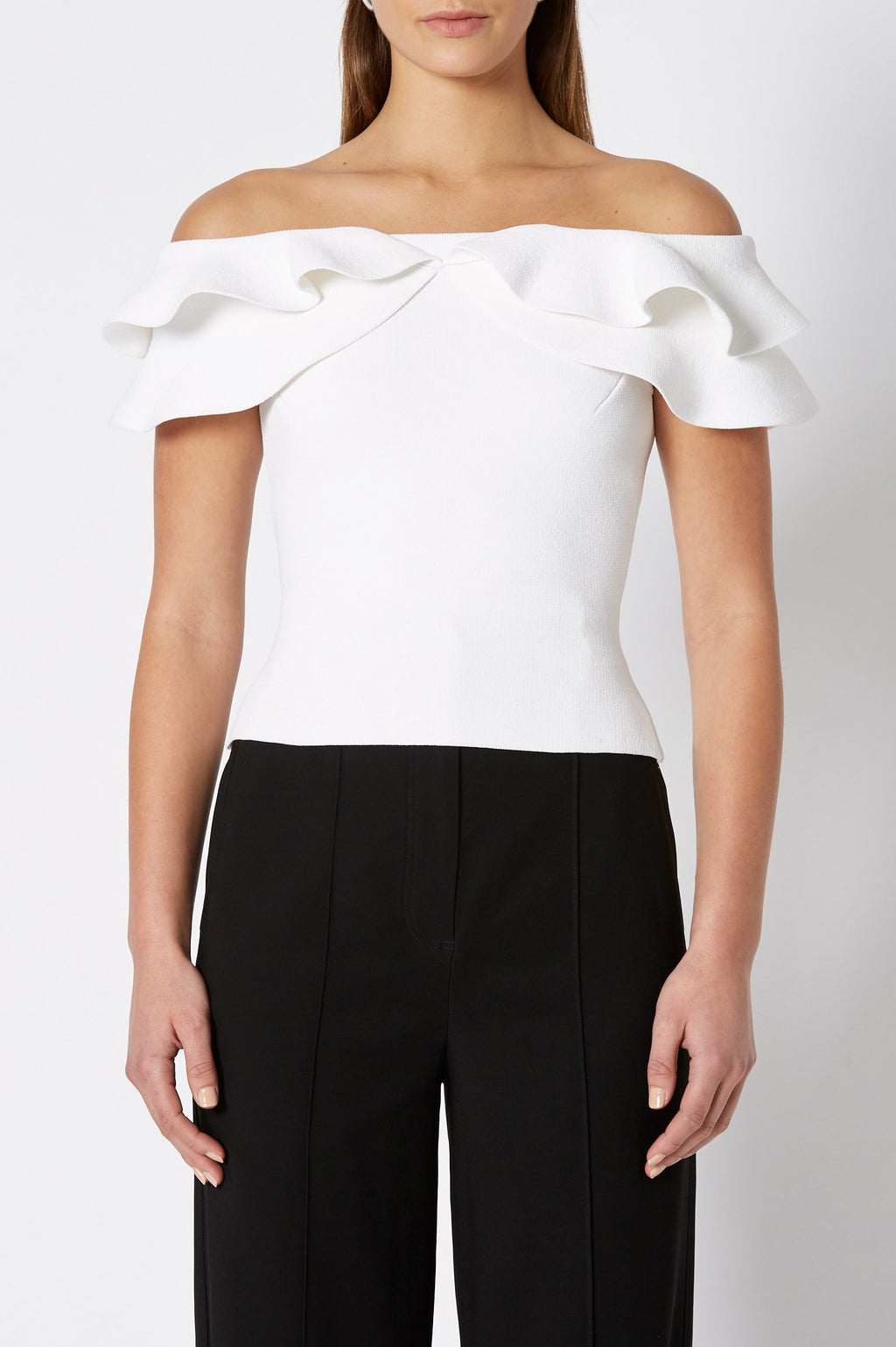 CREPE KNIT C-SHLDR RUFFLE TOP