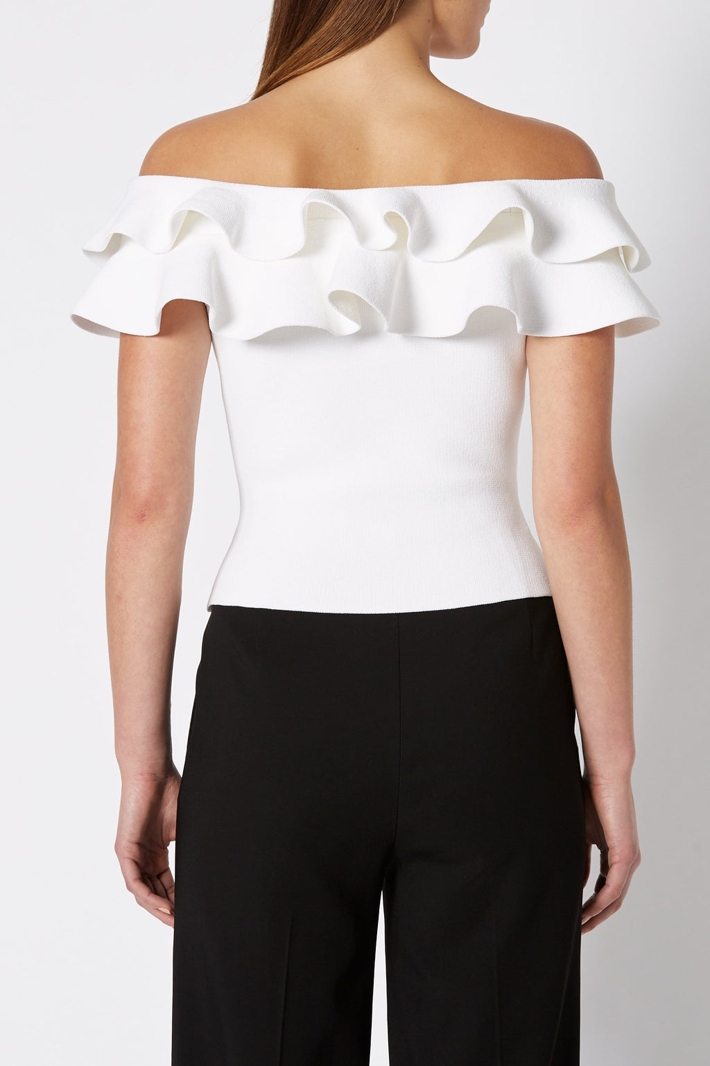 CREPE KNIT C-SHLDR RUFFLE TOP