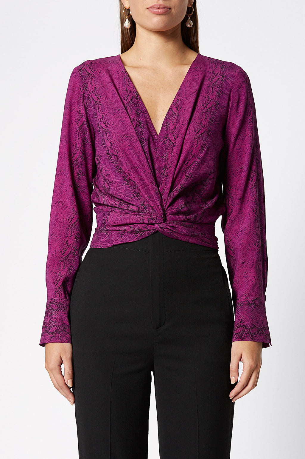 SILK REPTILE PRNT TWIST BLOUSE