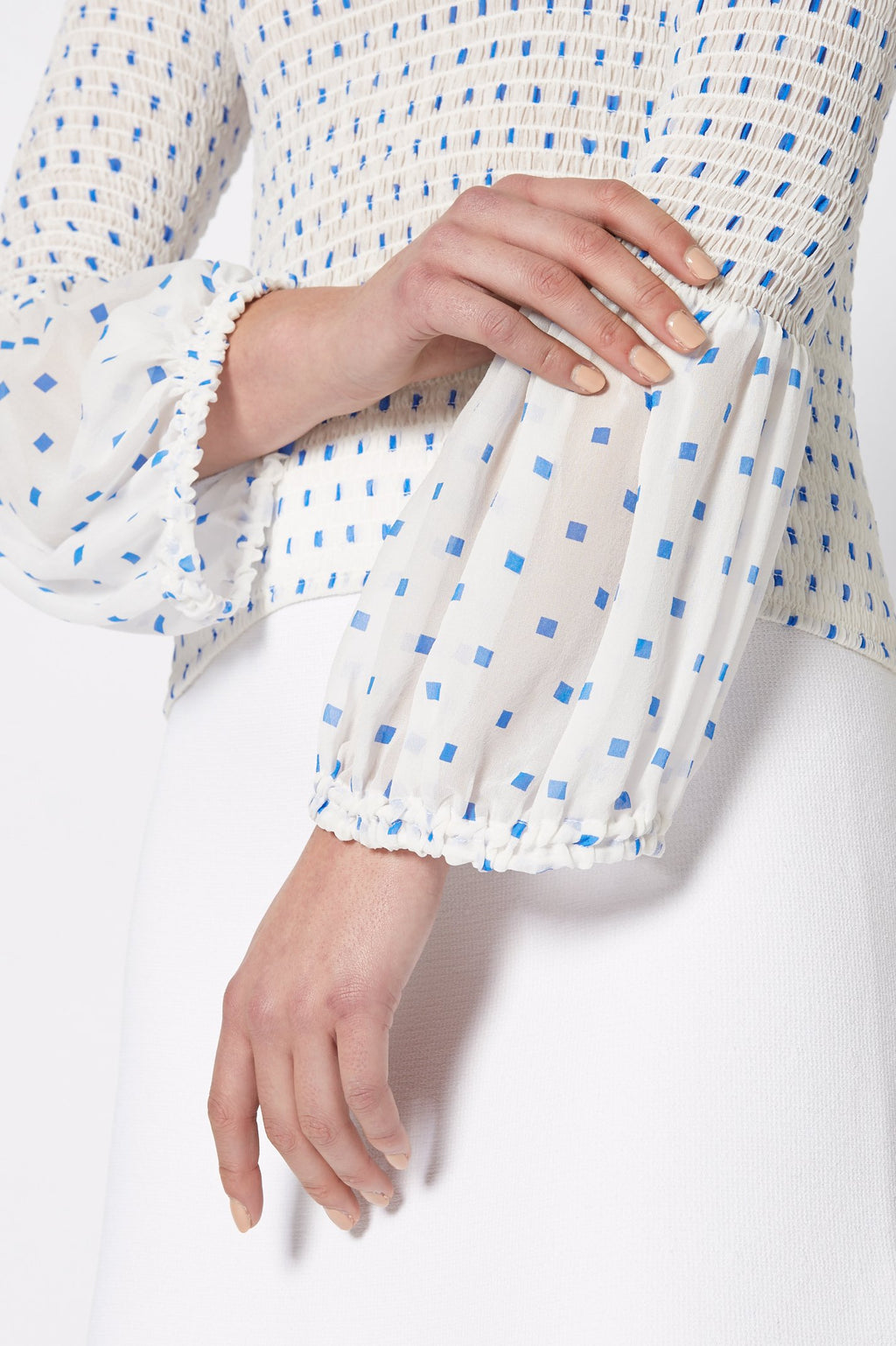 SILK PRINTED SHIRRED BLOUSE